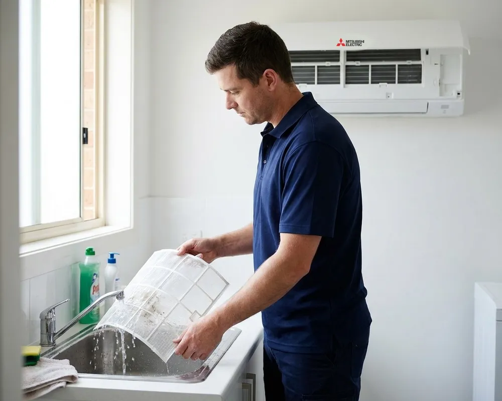 A technician rinsing an air conditioner filter, with a Mitsubishi Electric split system open on the wall behind