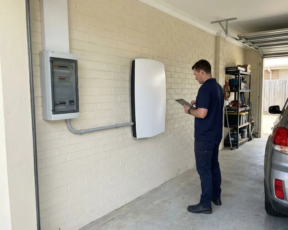 An electrician checking a wall-mounted home battery beside the switchboard in a Brisbane garage