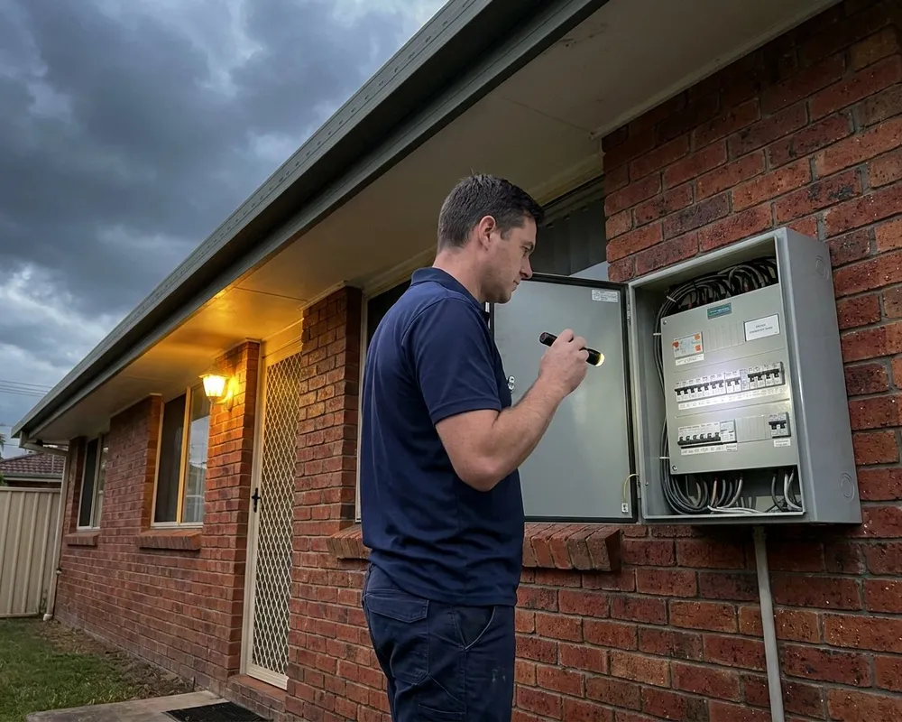 An electrician checking the open switchboard on the outside of a Brisbane brick home at dusk, torch in hand