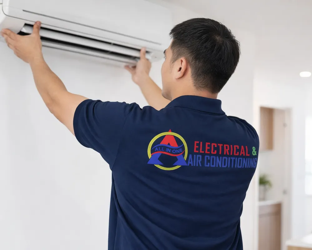 An All In One technician fitting the cover on a new split system air conditioner