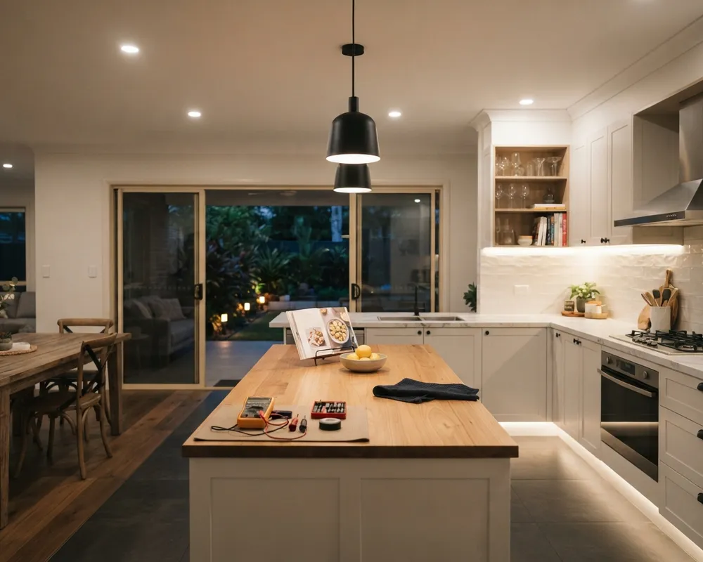 A modern kitchen with warm LED downlights and pendant lighting at dusk