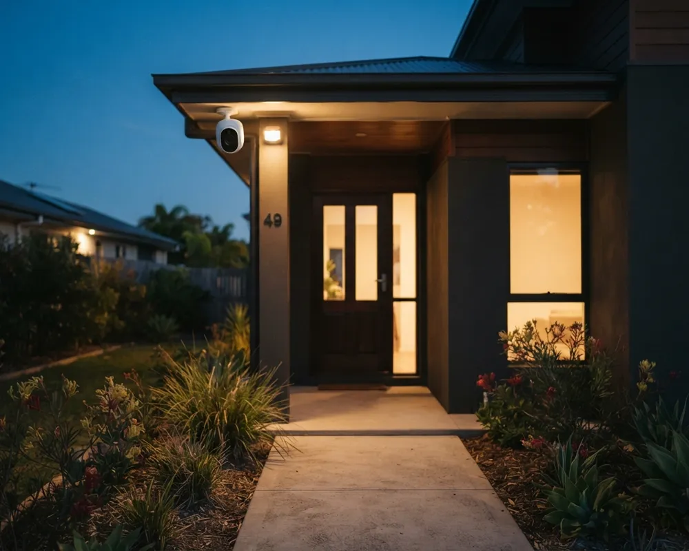 A security camera and sensor light mounted beside the front door of a Brisbane home