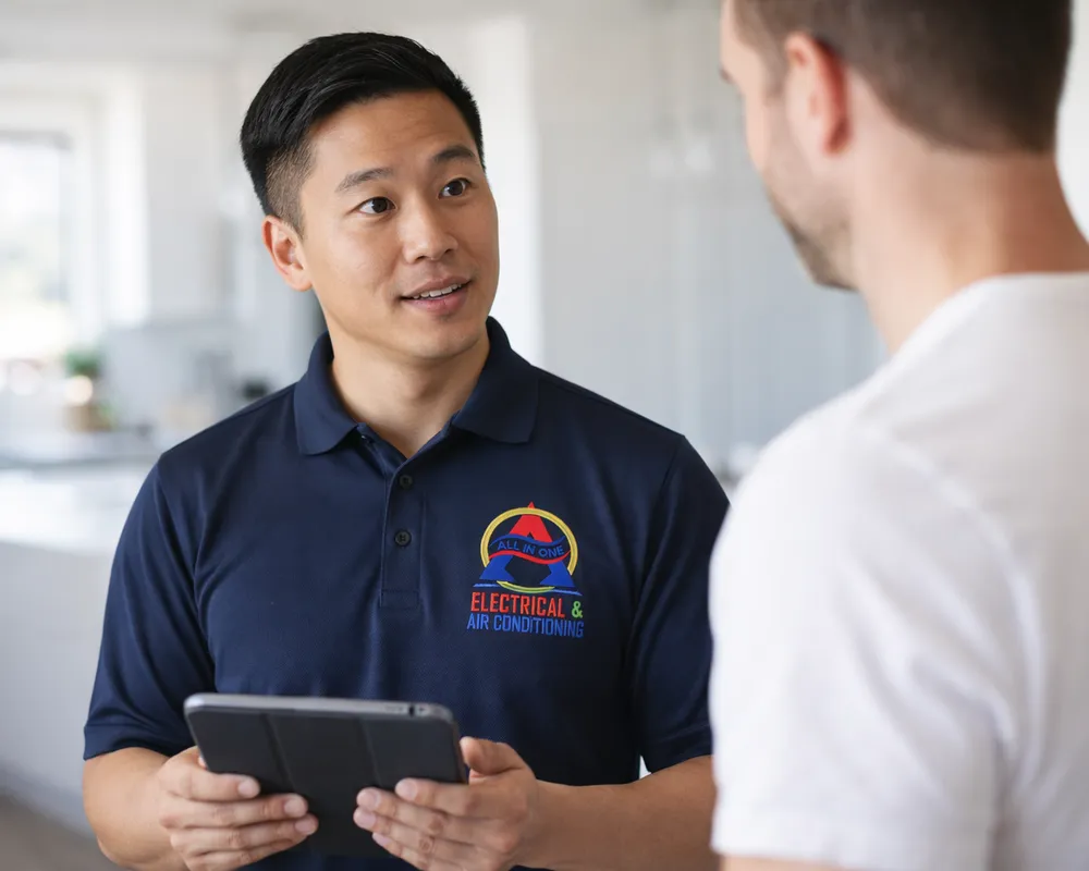 An All In One electrician talking through a job with a customer on a tablet