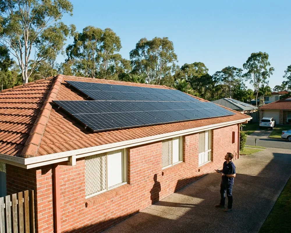 An electrician looking up at a new solar panel system on the roof of a Brisbane home