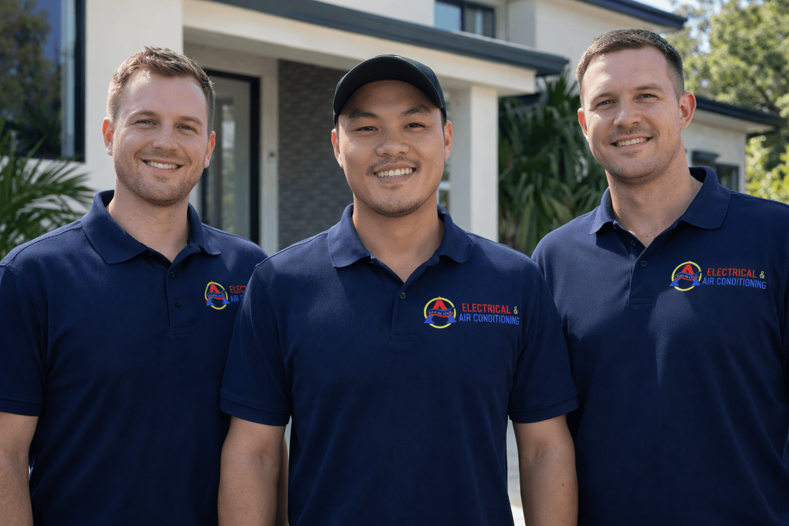 The All In One Electrical and Air Conditioning team in uniform outside a Brisbane home